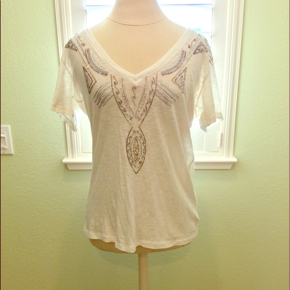 Threads 4 Thought White V-Neck Top with Beading
